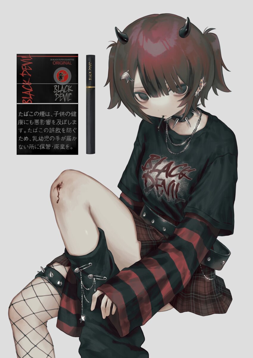 1girl absurdres belt black_belt black_devil_(cigarette) black_eyes black_shirt bleeding blood cigarette cigarette_pack clothes_writing collar ear_piercing feet_out_of_frame grey_background highres horns jewelry knee_injury knee_up layered_sleeves leg_warmers long_sleeves looking_at_viewer necklace nia_(x_x02) original oversized_belt personification piercing plaid_clothes plaid_skirt red_hair red_skirt red_sleeves scraped_knee shirt shirt_tucked_in short_hair short_over_long_sleeves short_sleeves simple_background single_fishnet_legwear skirt smoking solo spiked_collar spiked_ear_piercing spikes striped_sleeves t-shirt two_side_up