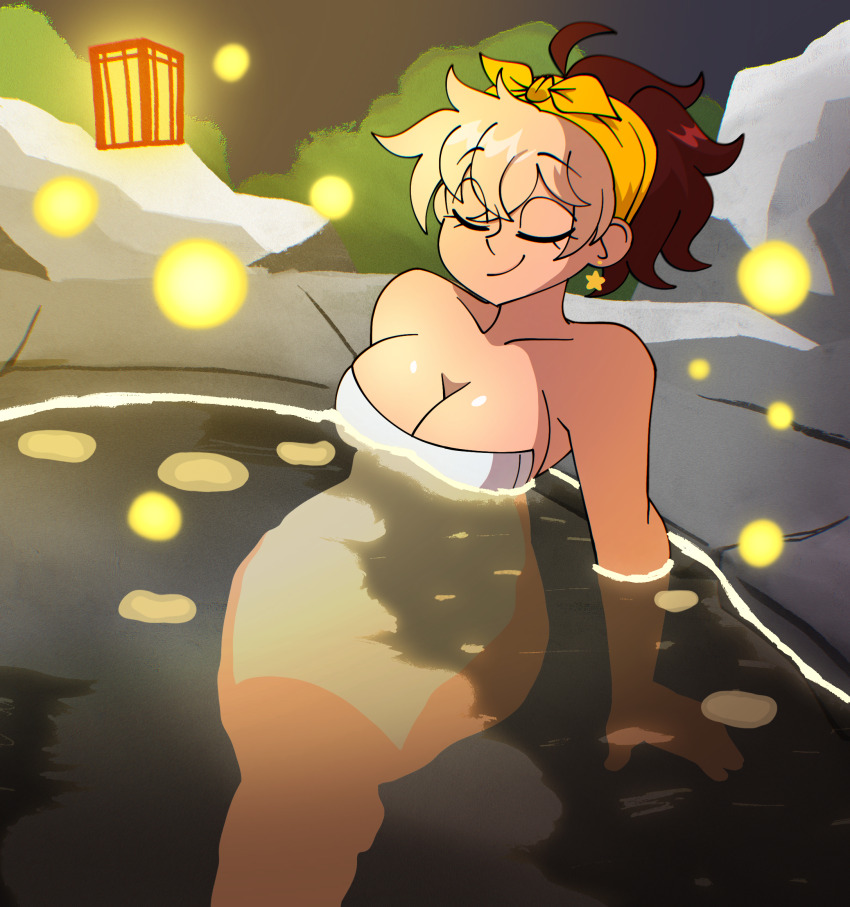 1girl bathing breasts earrings fireflies glowing halo highres indie_virtual_youtuber jewelry messy_hair naked_towel non-web_source onsen rainy_rentyn relaxing star_(symbol) star_earrings steam towel virtual_youtuber
