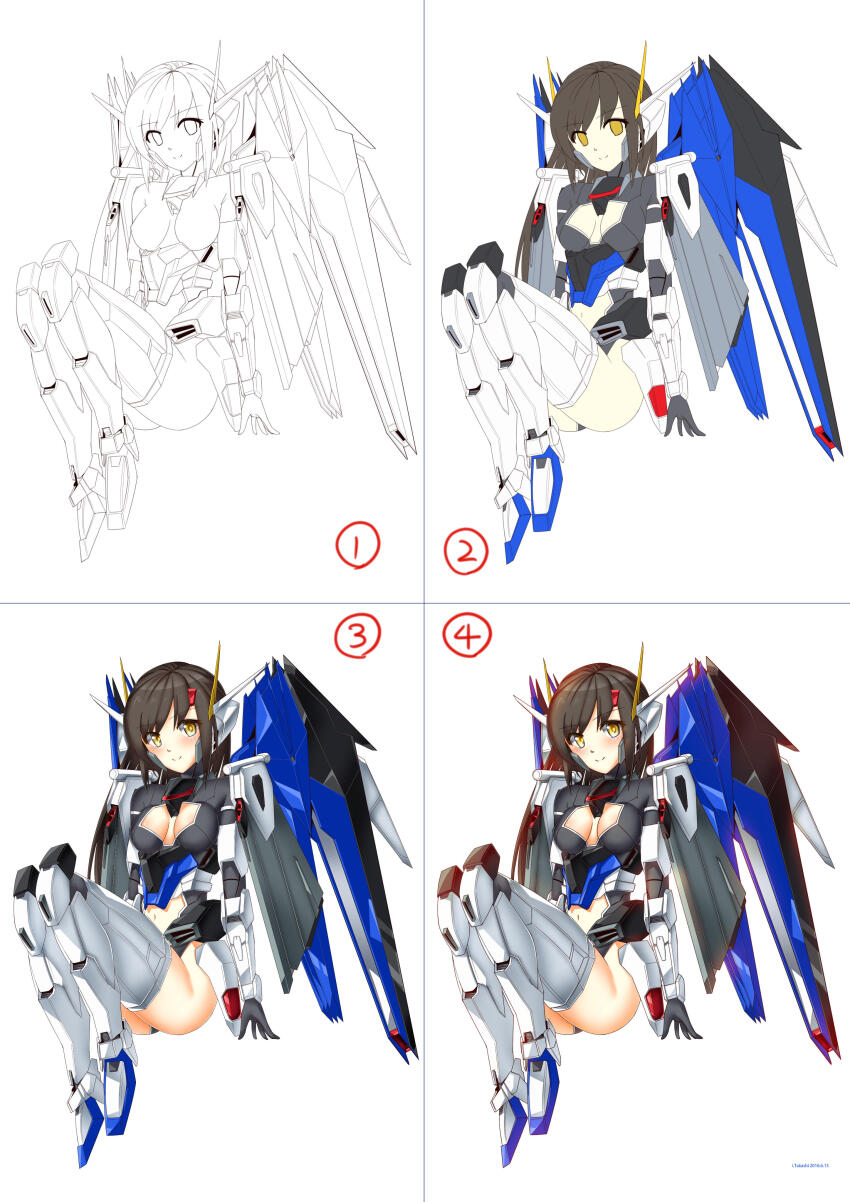 1girl absurdres black_gloves black_hair blush boots breasts cleavage cleavage_cutout clothing_cutout freedom_gundam gloves gundam gundam_seed highres humanization i.takashi looking_at_viewer making-of mecha_musume mechanical_wings medium_breasts navel numbered_panels open_hand sitting smile stomach_cutout thigh_boots thighhighs wings yellow_eyes