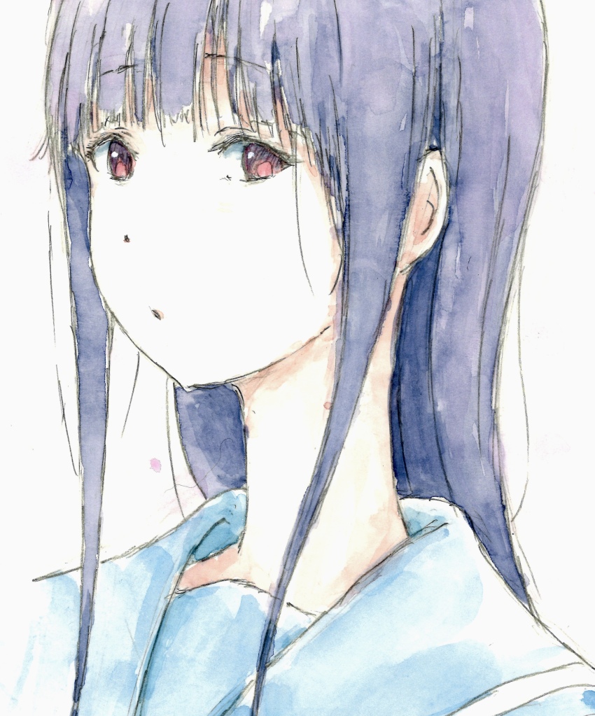1girl :o absurdres bbmasa black_hair blue_sailor_collar blunt_bangs commentary hibike!_euphonium highres liz_to_aoi_tori long_hair looking_at_viewer portrait red_eyes sailor_collar solo traditional_media yoroizuka_mizore