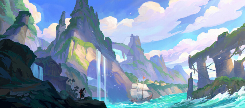 chinnkun cliff cloud fantasy landscape moss mountain nature ocean original painterly rock sailing_ship shore sky water waterfall watermark waves