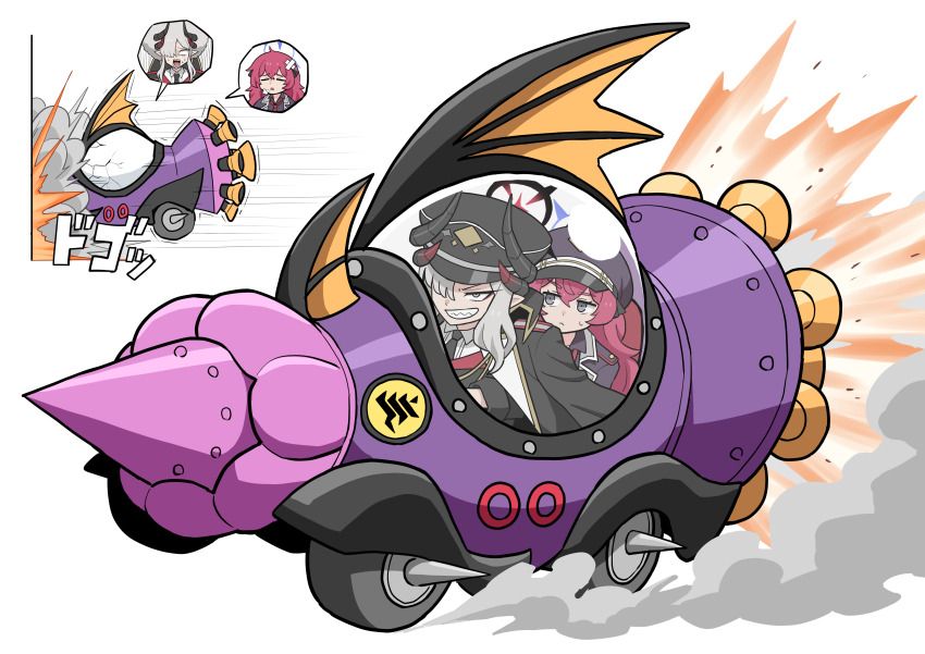 2girls absurdres bandaid bandaid_on_head black_necktie blue_archive car coat coat_on_shoulders commentary_request commission crash demon_girl demon_horns driving fire gehenna_academy_logo grey_eyes grey_hair grin hair_between_eyes hair_over_one_eye halo hat highres horns iroha_(blue_archive) long_hair long_sleeves makoto_(blue_archive) motor_vehicle multiple_girls necktie open_clothes open_coat parted_bangs peaked_cap pixiv_commission pointy_ears red_hair rocket school_uniform shirt sidelocks simple_background smile spoken_character sweatdrop translation_request wacky_races washin wavy_hair white_background white_shirt
