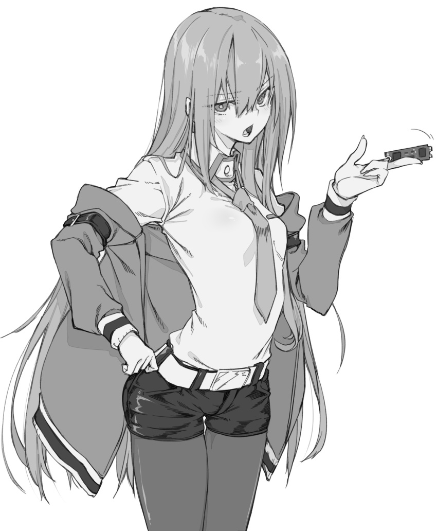 10mo 1girl belt greyscale hair_between_eyes hand_on_own_hip highres jacket pantyhose_under_shorts long_hair long_sleeves looking_at_viewer makise_kurisu monochrome necktie open_mouth pantyhose short_shorts shorts simple_background solo steins;gate thigh_gap very_long_hair white_background