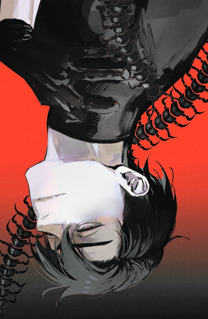 1boy alien_stage black_gloves black_hair black_shirt brown_eyes bug centipede closed_mouth commentary english_commentary gloves hand_on_own_chest highres ivan_(alien_stage) looking_ahead male_focus ogata69 parted_hair shirt short_hair solo upper_body upside-down