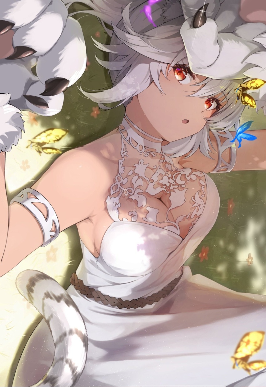 1girl animal_ear_fluff animal_ears animal_hands armpits black_claws breasts bug butterfly butterfly_wings cleavage commentary_request double-parted_bangs dress flower hair_between_eyes halter_dress halterneck high_ponytail highres ichien_ekaki insect insect_wings ladica_(shadowverse) large_breasts long_hair looking_at_viewer looking_up lying on_back on_grass open_mouth ponytail red_eyes red_flower second-party_source shadowverse sleeveless sleeveless_dress solo striped_tail tail teeth tiger_girl tiger_tail upper_teeth_only white_dress white_hair wings yellow_butterfly