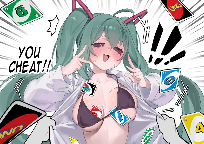 1girl absurdres alternate_breast_size aqua_hair bikini black_bikini black_sclera blush bouncing_breasts breasts breasts_apart cheating_(competitive) colored_sclera double_v hatsune_miku highres large_breasts long_hair medium_breasts mesugaki mimukauwa_nice_try_(vocaloid) nia_(nia4294) solo sweat sweatdrop swimsuit twintails undressing uno_(game) v very_long_hair vocaloid