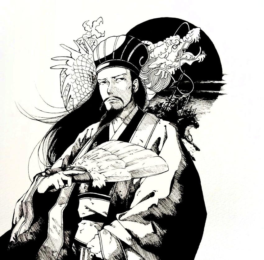 1boy beard black_hair chinese_clothes dragon eastern_dragon facial_hair feather_fan guan_hat hand_fan highres long_hair long_sleeves looking_afar male_focus monochrome mustache romance_of_the_three_kingdoms simple_background solo teko_kijibato white_background wide_sleeves zhuge_liang