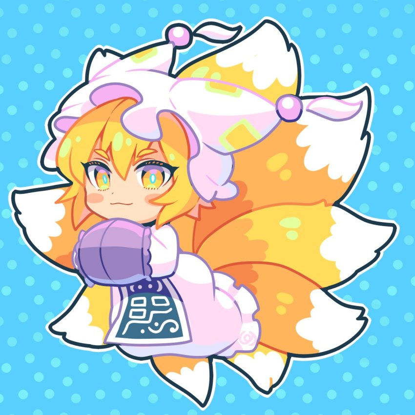 1girl animal_ears blonde_hair blue_background blush_stickers chibi closed_mouth commentary_request dress eyelashes flying fox_ears fox_tail hair_between_eyes hands_up hat highres long_sleeves looking_at_viewer mob_cap multiple_tails ofuda ofuda_on_clothes own_hands_together pmx polka_dot polka_dot_background short_hair smile solo tabard tail touhou v-shaped_eyebrows white_dress white_hat wide_sleeves yakumo_ran yellow_eyes