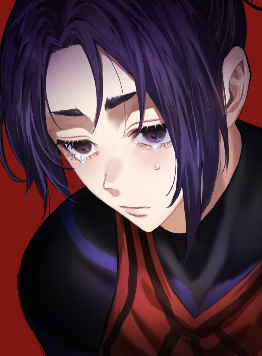 1boy blue_lock blue_lock_bodysuit closed_mouth commentary_request highres male_focus mikage_reo naka_(58hrprtr) portrait purple_eyes purple_hair red_background shirt short_hair sidelocks simple_background soccer_uniform solo sportswear tears