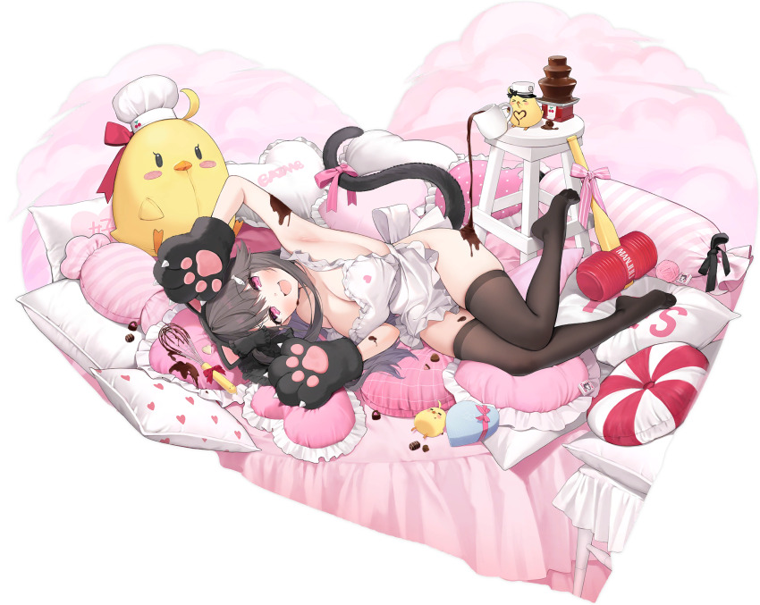 1girl :d animal_ears animal_hands apron arm_up armpits azur_lane bare_shoulders black_thighhighs blush bow breasts brown_hair byulzzi cat_ears cat_girl cat_paws cat_tail chocolate chocolate_on_ass chocolate_on_body chocolate_on_legs cleavage fang fish_hair_ornament food_on_body gloves groin hair_ornament hands_up heart heart-shaped_pillow heart_print highres indoors large_breasts legs_folded long_hair looking_at_viewer lying manjuu_(azur_lane) naked_apron non-web_source official_alternate_costume official_art on_bed on_side open_mouth pamiat_merkuria_(azur_lane) pamiat_merkuria_(mercurial_chocolate_love)_(azur_lane) paw_gloves pillow pink_bow pink_eyes skindentation smile solo stuffed_toy tail tail_bow tail_ornament thighhighs toy_hammer transparent_background very_long_hair white_apron yes yes-no_pillow