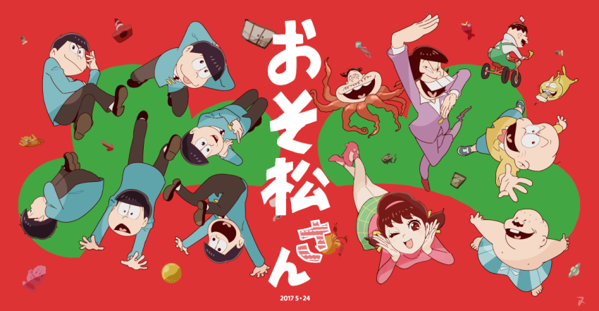 1girl 6+boys :p ahoge antenna_hair arms_behind_head bald bare_legs black_eyes black_necktie black_shoes blazer blue_jacket blue_shoes blue_shorts blunt_bangs bow brothers brown_eyes brown_hair brown_shoes buck_teeth business_suit buttons cat chibita closed_mouth collared_shirt copyright_notice cross-eyed cross-laced_shoes crossed_legs dayoon dekapan dress_pants dress_shoes esper_nyanko expressionless facial_hair fetal_position floating formal_clothes frown full_body green_skirt grey_pants hair_bow hairband half-closed_eyes hand_on_own_chin hands_on_own_cheeks hands_on_own_face happy hatabou heart heart_in_mouth high_heels human_head iyami jacket long_hair looking_at_viewer looking_up low_twintails lying male_focus matahei matsuno_choromatsu matsuno_ichimatsu matsuno_jyushimatsu matsuno_karamatsu matsuno_osomatsu matsuno_todomatsu messy_hair miniskirt multiple_boys mustache necktie nipples octopus official_alternate_costume on_stomach osomatsu-san osomatsu_(series) outstretched_arms pants pink_hairband pink_shoes pink_sweater plaid_clothes plaid_skirt purple_jacket purple_pants purple_suit red_background riding_tricycle scared sextuplets shirt shoes short_hair short_twintails shorts siblings skirt smile sneakers solid_oval_eyes stiletto_heels suit sweater teeth thick_eyebrows tongue tongue_out topless_male tricycle turtleneck turtleneck_sweater twintails upper_teeth_only v-neck v-shaped_eyebrows very_long_hair white_shirt yellow_bow yellow_jacket yowai_totoko