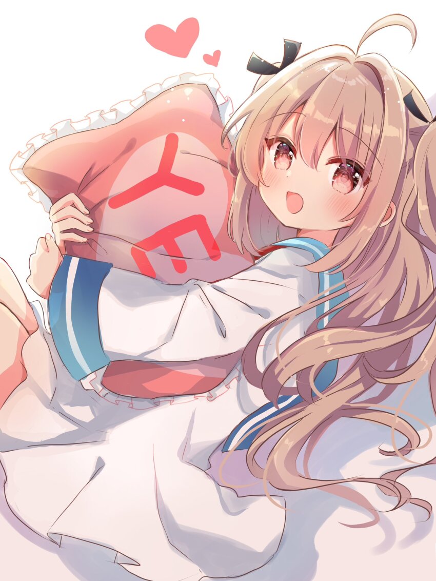 1girl :d ahoge atri atri-my_dear_moments- black_bow blush bow brown_hair commentary cowboy_shot dress eyes_visible_through_hair frilled_pillow frills from_side hair_between_eyes hair_bow hair_intakes hair_spread_out happy heart highres hugging_object long_hair long_sleeves looking_at_viewer lying nanami_ayane_(kusunoki5050) on_back open_mouth pillow pillow_hug pink_pillow red_eyes sailor_dress shadow simple_background smile solo two_side_up white_background white_dress wide_sleeves yes yes-no_pillow