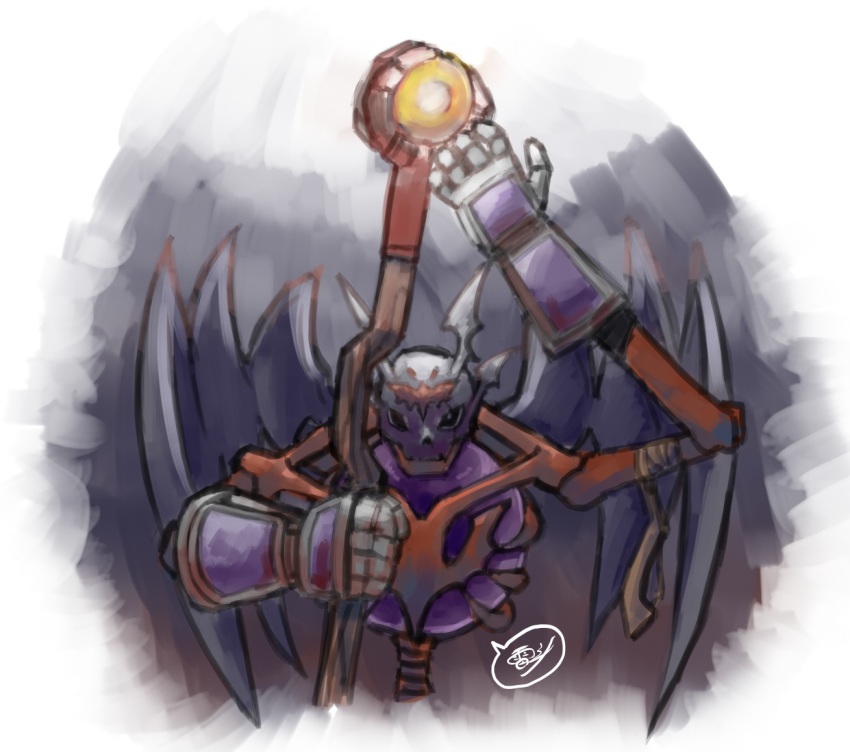1boy artist_request bat_wings demon demon_wings digimon digimon_(creature) head_wings holding holding_weapon looking_at_viewer mark_of_evil scar serious skeleton skull skullsatamon solo staff weapon wings