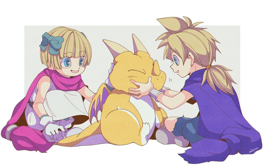 1boy 1girl 29qmatatavi blonde_hair blue_cape blue_eyes blue_tunic blunt_bangs boots border bow bracelet cape child dragon dragon_quest dragon_quest_v dress full_body gloves green_bow hair_bow hands_on_another&#039;s_face hero&#039;s_daughter_(dq5) hero&#039;s_son_(dq5) indian_style jewelry long_hair looking_at_another low_ponytail open_mouth outside_border petting pink_cape ponytail profile short_hair siblings sitting small_fry_(dragon_quest) spiked_hair squatting tunic twins white_border white_dress white_footwear white_gloves