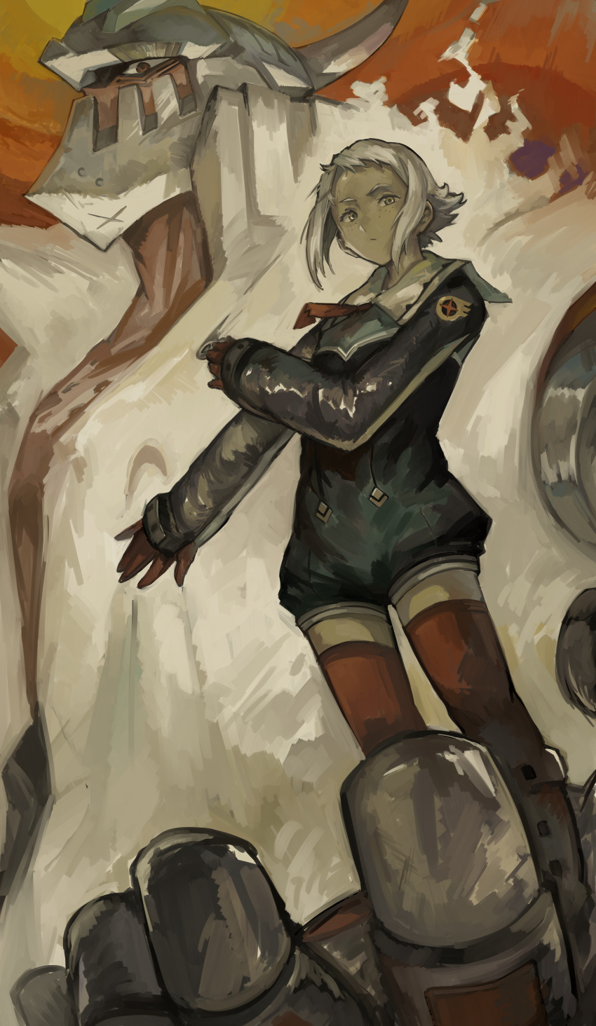 1girl absurdres blue_jumpsuit boots dark-skinned_female dark_skin dix-neuf freckles gloves highres jumpsuit kornod lal&#039;c_mellk_mal long_sleeves looking_at_viewer looking_down mecha necktie red_gloves red_necktie red_thighhighs robot sailor_collar short_hair standing thighhighs top_wo_nerae!_(series) top_wo_nerae_2! white_hair white_sailor_collar yellow_eyes