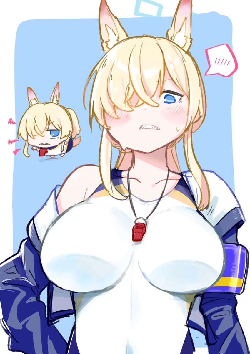 1girl absurdres animal_ear_fluff animal_ears blonde_hair blue_archive blue_eyes blue_halo blush breasts competition_swimsuit hair_over_one_eye halo highres kanna_(blue_archive) kanna_(swimsuit)_(blue_archive) large_breasts long_hair multiple_views official_alternate_costume one-piece_swimsuit swimsuit urode whistle whistle_around_neck white_one-piece_swimsuit