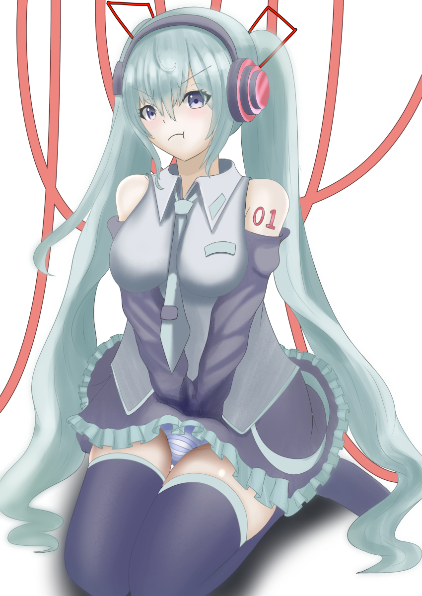 1girl :c absurdly_long_hair absurdres anaguma_kuma aqua_eyes aqua_hair aqua_nails aqua_necktie artist_name artist_request bare_shoulders black_skirt black_sleeves black_thighhighs blue_eyes blue_hair boots breasts collarbone collared_shirt detached_sleeves female_focus full_body grey_shirt hair_between_eyes hair_ornament hatsune_miku headphones headset highres long_hair looking_at_viewer miniskirt nail_polish necktie panties parted_lips pleated_skirt shirt shoulder_tattoo skirt sleeveless sleeveless_shirt small_breasts solo striped_clothes striped_panties tattoo thigh_boots thighhighs twintails underwear very_long_hair vocaloid zettai_ryouiki