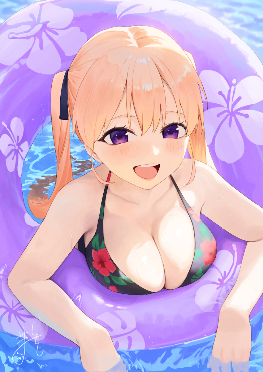 1girl absurdres amano_erika bare_arms bare_shoulders bikini black_bikini blonde_hair blue_ribbon blush breasts cleavage commentary_request day floral_print_bikini gomashiwo_o hair_between_eyes hair_ribbon highres in_water innertube kakkou_no_iinazuke large_breasts long_hair looking_at_viewer open_mouth outdoors partially_submerged purple_eyes ribbon signature smile solo swim_ring swimsuit twintails very_long_hair water water_drop wet