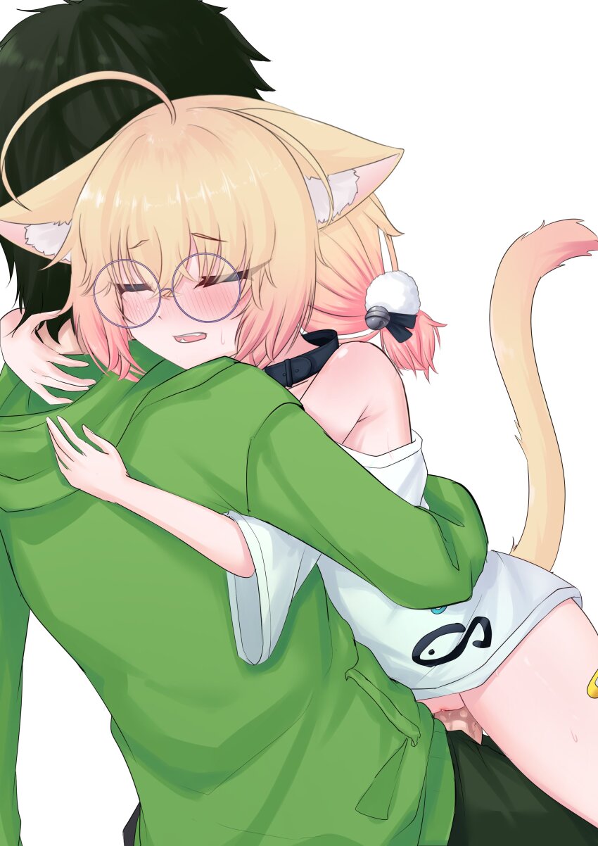 1boy 1girl absurdres ahoge animal_ear_fluff animal_ears armpits arms_up asymmetrical_legwear bandaid bandaid_on_leg bell black_collar black_hair blonde_hair blush bottomless cat_ears cat_girl cat_tail closed_eyes collar glasses gradient_hair hair_bell hair_ornament highres hug indie_virtual_youtuber loli low_twintails minikomew mismatched_legwear multicolored_hair open_mouth oversized_clothes oversized_shirt pink_hair pom_pom_(clothes) pom_pom_hair_ornament pussy ritspi sex shirt simple_background single_thighhigh straddling t-shirt tail thighhighs twintails vaginal vedal987 virtual_youtuber white_background white_shirt