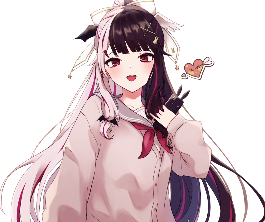 1girl black_hair brown_cardigan bym_osakana cardigan grey_sailor_collar heart highres holding holding_phone long_hair multicolored_hair nijisanji phone pink_eyes pink_hair sailor_collar school_uniform serafuku smile solo streaked_hair two-tone_hair virtual_youtuber white_hair yorumi_rena yorumi_rena_(9th_costume)