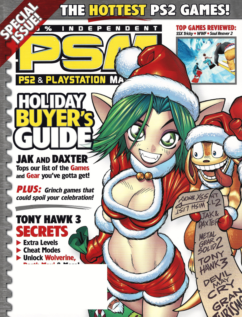 1boy 1girl absurdres adam_warren animal_on_arm artist_collaboration bell blue_eyes breasts candy candy_cane cleavage cleavage_cutout clothing_cutout cover cowboy_shot crop_top daxter english_text fangs food forehead fur-trimmed_gloves fur-trimmed_shorts fur_trim game_screenshot_inset gloves green_bag green_eyes green_hair grin groin hair_intakes hand_up hat highres holding holding_sack jak_and_daxter jingle_bell keira_hagai looking_at_viewer magazine_cover magazine_scan medium_breasts midriff navel neck_bell official_art ottsel parted_bangs pointy_ears pom_pom_(clothes) psm red_gloves red_hat red_shorts ryan_kinnaird sack santa_costume santa_hat scan short_hair short_shorts short_sleeves shorts smile ssx_(series) teeth third-party_source tongue tongue_out