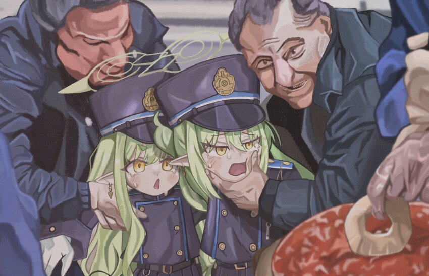 2boys 2girls absurdres black_hat black_jacket blue_archive buttons casino_(film) crying crying_with_eyes_open double-breasted earrings food fruit grabbing_another&#039;s_chin green_hair green_halo hair_between_eyes halo hand_on_another&#039;s_chin hat highres hikari_(blue_archive) how_to_torture_an_italian_(meme) jacket jewelry long_hair long_sleeves meme multiple_boys multiple_girls naaga_sonomono nozomi_(blue_archive) open_mouth pineapple pineapple_on_pizza pineapple_slice pizza pointy_ears siblings sisters smile tears yellow_eyes