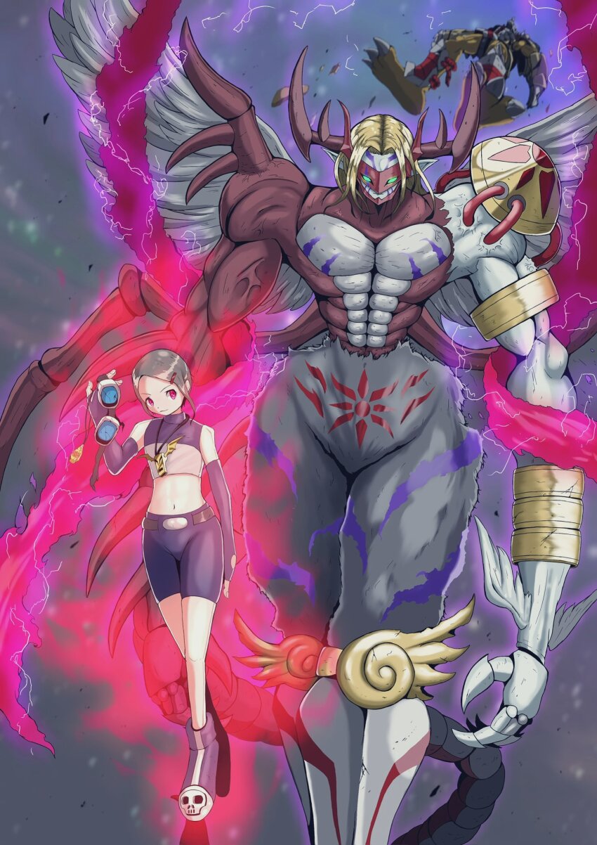 armor belt defeat digimon digimon_(creature) digimon_adventure_02 highres looking_at_viewer oridigi original skull venomvamdemon walking wargreymon yagami_hikari