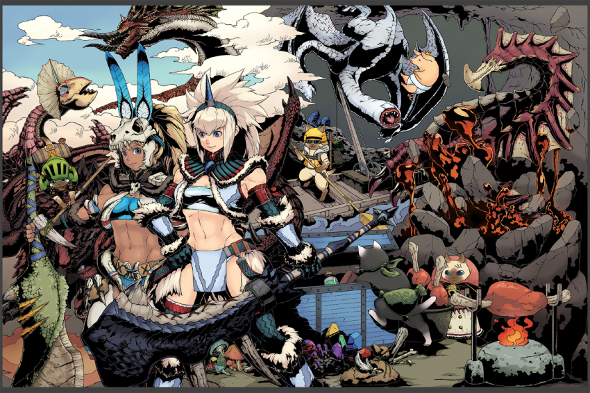 2girls agnaktor armor blonde_hair blue_eyes boat bone bone_armor_(monster_hunter) boned_meat capcom cat cloud felyne fire food gem gloves helmet horns khezu kirin_(armor) meat melynx midriff monster_hunter_(series) monster_hunter_3 monster_hunter_frontier multiple_girls mushroom nekoht pig poogie rathalos raviente skull sword torashiro_eiji trenya watercraft weapon yian_kut-ku
