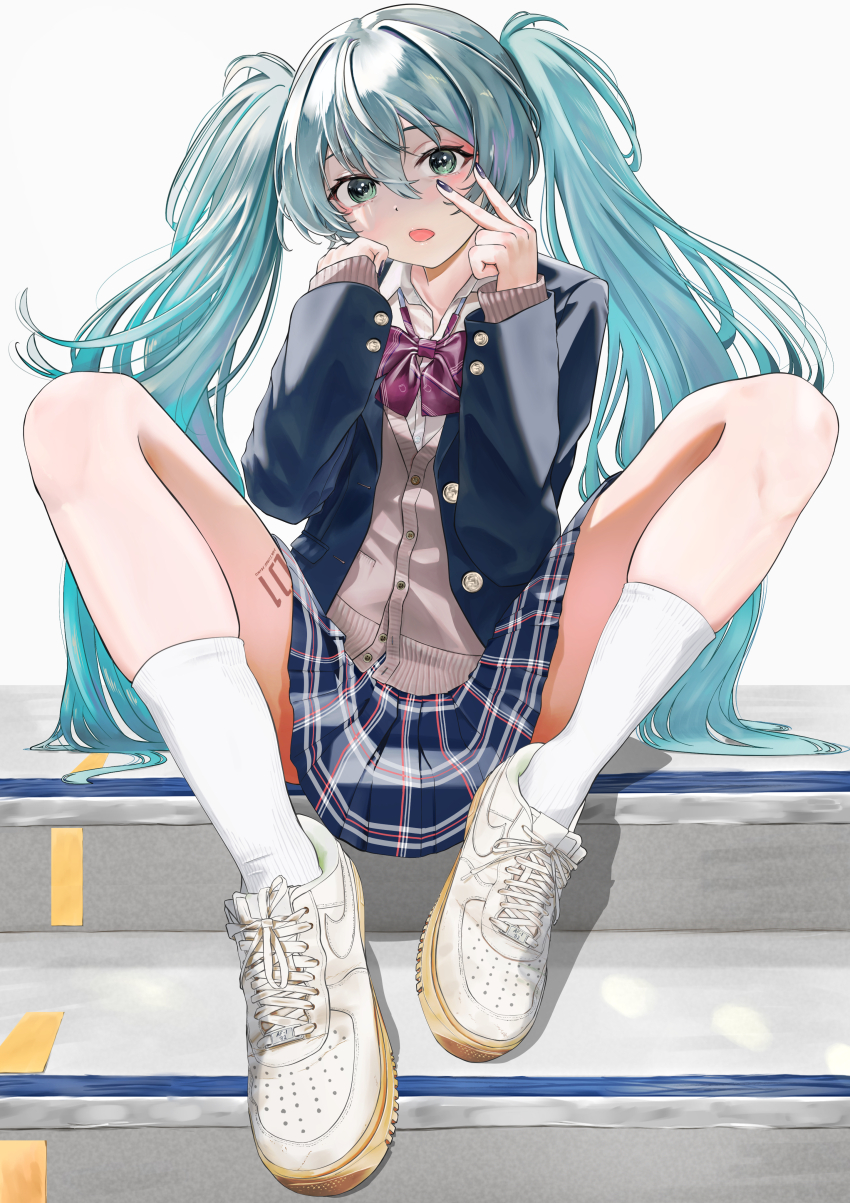 1girl absurdres aqua_hair black_jacket black_nails blue_skirt bow bowtie brown_cardigan cardigan collared_shirt commentary_request dress_shirt floating_hair green_eyes hair_between_eyes hatsune_miku highres hxk4_n jacket kneehighs leg_tattoo long_hair looking_at_viewer miniskirt nail_polish number_tattoo open_clothes open_jacket plaid_clothes plaid_skirt pleated_skirt red_bow red_bowtie school_uniform shirt shoes skindentation skirt sneakers socks solo spread_legs tattoo twintails very_long_hair vocaloid white_background white_shirt white_shoes white_socks wing_collar