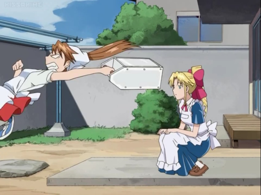 00s 2girls anime_screenshot apron brown_footwear brown_hair clenched_teeth day full_body kannazuki_megumi loafers multiple_girls muteki_kanban_musume onimaru_miki outdoors shoes squatting teeth white_apron