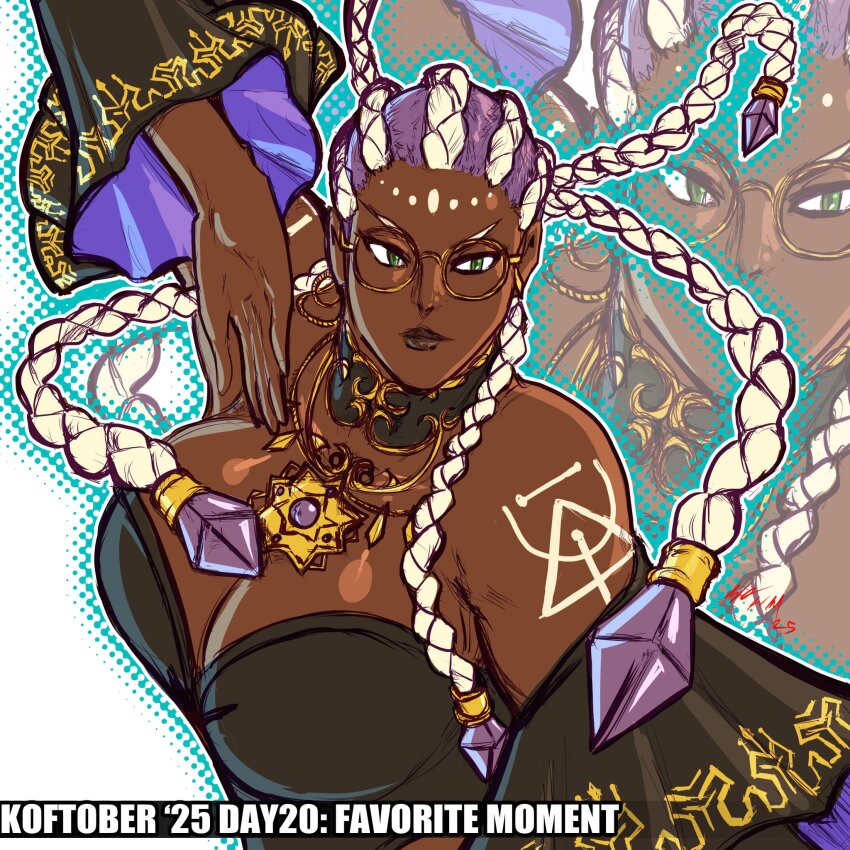 1girl bodypaint braid breasts curvy dark-skinned_female dark_skin dolores_(kof) dress earrings female_focus glasses gold green_eyes hand_up highres huge_breasts jewelry large_breasts long_hair multicolored_hair purple_hair round_eyewear taurence_bell the_king_of_fighters thick_lips two-tone_hair white_hair