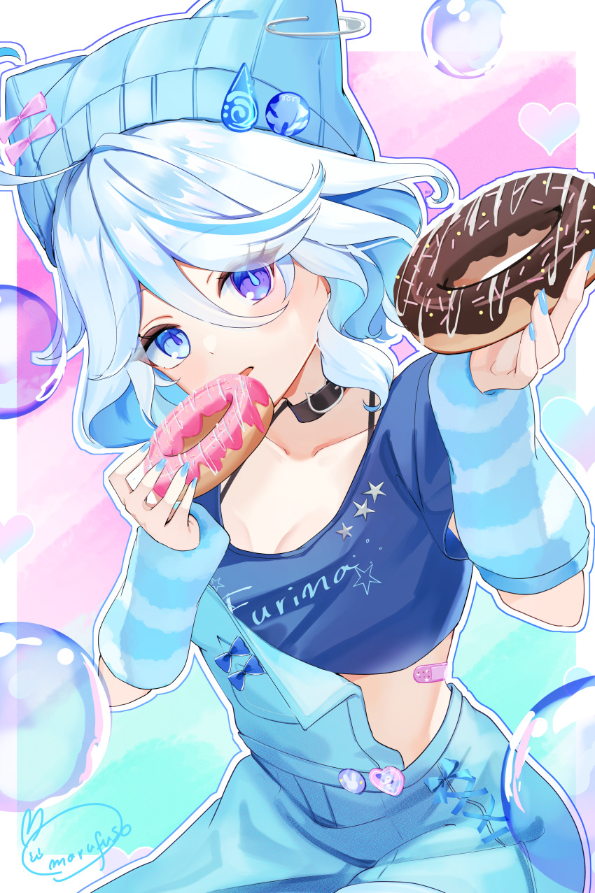 1girl absurdres alternate_costume bandaid_on_stomach blue_eyes blue_gemstone blue_hair blue_hat blue_nails blue_pupils breasts collarbone commentary_request crop_top donut drop-shaped_pupils fingernails food furina_(genshin_impact) gem genshin_impact hair_between_eyes hat heterochromia highres holding holding_donut holding_food hydro_symbol_(genshin_impact) looking_at_viewer marufus medium_breasts medium_hair multicolored_hair nail_polish parted_lips signature solo streaked_hair symbol-shaped_pupils teardrop-shaped_gem white_hair