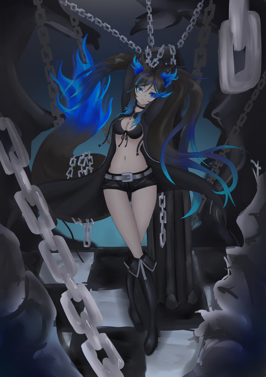 1girl absurdres alternate_eye_color alternate_hair_color animal_ears bikini bikini_top_only black_bikini black_boots black_coat black_hair black_rock_shooter black_rock_shooter_(character) black_rock_shooter_(character)_(cosplay) black_shorts blue_eyes blue_fire boots breasts chain cleavage coat commentary cosplay english_commentary fire flame-tipped_tail highres indie_virtual_youtuber long_hair looking_at_viewer medium_breasts multicolored_hair open_clothes pmapirate short_shorts shorts sinder_(vtuber) solo streaked_hair swimsuit tail twintails virtual_youtuber wolf_ears wolf_girl wolf_tail