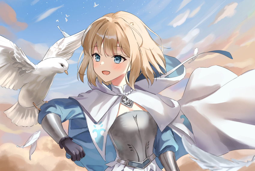 1girl absurdres animal_on_arm armor bird bird_on_arm black_gloves blonde_hair blue_eyes blue_sky brown_dust_(series) brown_dust_2 cloak cloud cloudy_sky commentary_request day dot_nose falling_feathers feathers gloves highres hood hooded_cloak justia_(brown_dust) justia_(white_reaper)_(brown_dust) k2_(kazu1030) looking_at_animal open_mouth outdoors short_hair sky solo upper_body vambraces white_bird white_cloak wind
