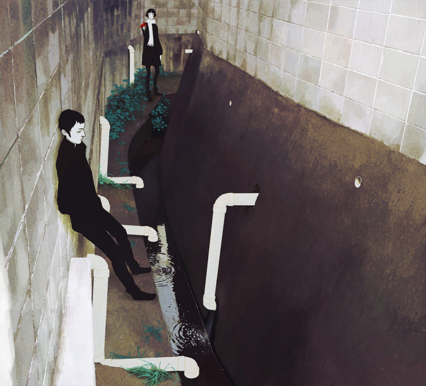1boy 1girl bad_id bad_pixiv_id flower kumaori_jun original scarf sewer short_hair thighhighs