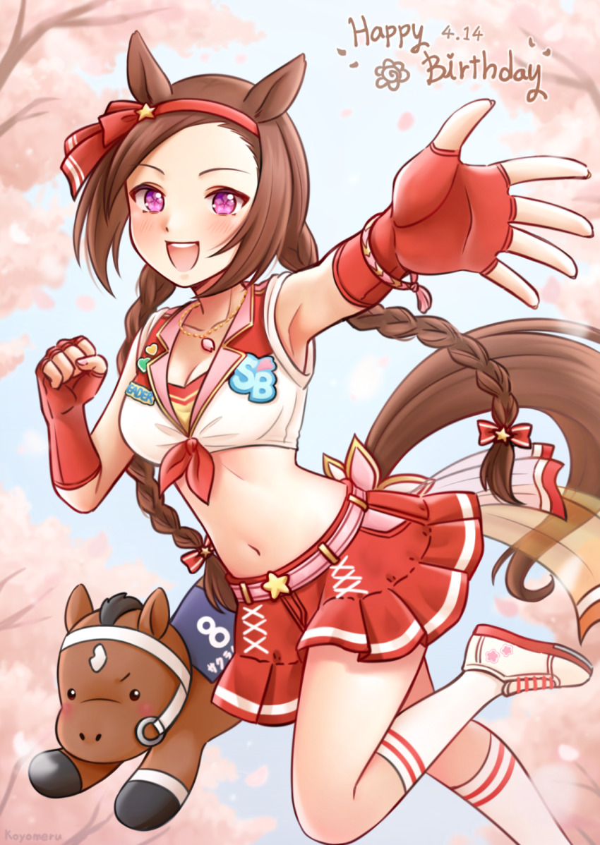 1girl animal_ears arm_up armpits birthday blush bracelet braid breasts bridle brown_hair cleavage clenched_hand collarbone commentary confetti day ear_ornament elbow_gloves fingerless_gloves flower_in_eye gloves happy_birthday highres horse horse_ears horse_girl horse_tail jewelry koyomeru long_hair looking_at_viewer navel official_alternate_costume official_alternate_hairstyle open_mouth outdoors pink_eyes red_skirt sakura_bakushin_o_(racehorse) sakura_bakushin_o_(red-hot_leader)_(umamusume) sakura_bakushin_o_(umamusume) shoes skirt smile sneakers socks solo standing standing_on_one_leg stomach symbol-shaped_pupils symbol_in_eye tail twin_braids umamusume very_long_hair white_shoes white_socks