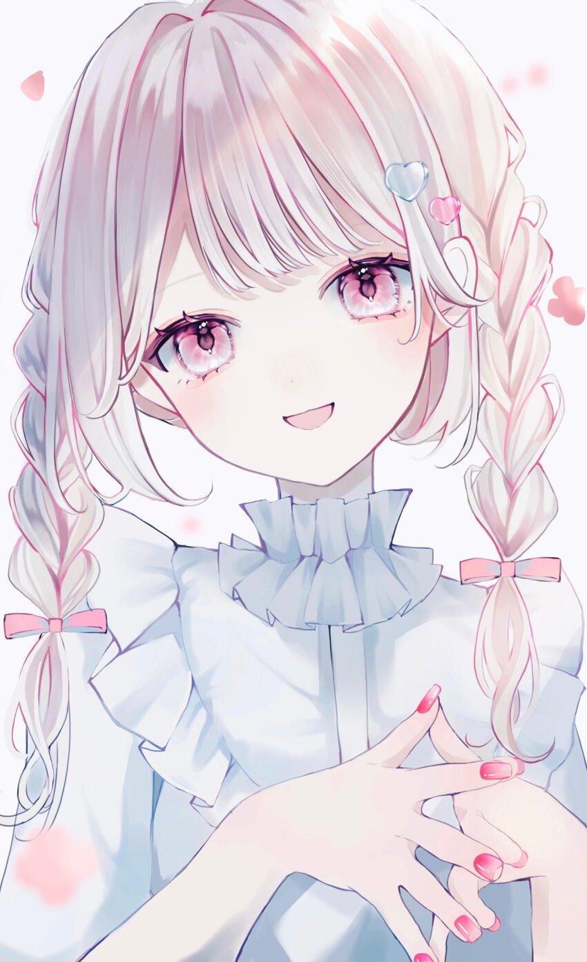 1girl :d absurdres ao_marumaru0720 dress frilled_dress frills hair_between_eyes heart highres interlocked_fingers looking_at_viewer multicolored_hair open_mouth original own_hands_together pink_eyes pink_hair pink_nails smile solo two-tone_hair white_hair