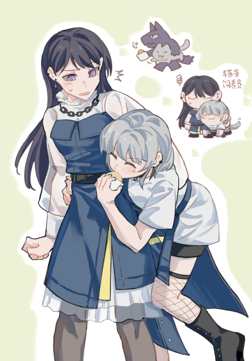 2girls bang_dream! bang_dream!_it&#039;s_mygo!!!!! belt black_belt black_boots black_hair black_shorts blue_dress blush boots carrying carrying_person chain chain_necklace chinese_text closed_eyes commission dress earclip earrings eating fishnet_thighhighs fishnets highres jewelry kaname_raana lanserongjie long_hair mole mole_under_eye multiple_girls necklace open_mouth puff_of_air purple_eyes raana_the_cat second-party_source shiina_taki shirt short_hair short_sleeves shorts squiggle sweatdrop thighhighs translation_request white_hair white_shirt