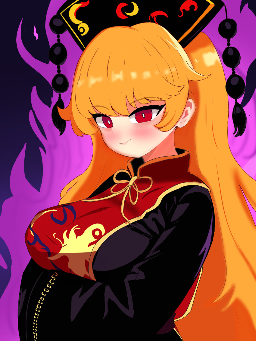 1girl black_dress black_hat blue_background blush breasts chinese_clothes closed_mouth commentary_request crescent crescent_print dalachi_(headdress) dress energy hair_between_eyes hands_in_opposite_sleeves hat highres junko_(touhou) large_breasts long_hair long_sleeves looking_at_viewer mandarin_collar neck_ribbon orange_hair phoenix_print pom_pom_(clothes) red_eyes red_tabard ribbon simple_background smile solo tabard tassel touhou upper_body user_mmzt3374 wide_sleeves yellow_ribbon
