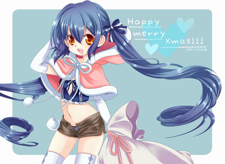 00s 2008 blue_hair bow bow_panties brown_eyes christmas cleavage_cutout clothing_cutout elbow_gloves fang gloves long_hair navel neko_(natsuiroclassic) open_fly original panties sack santa_costume short_shorts shorts solo striped_clothes striped_panties thighhighs twintails unbuttoned underwear unzipped