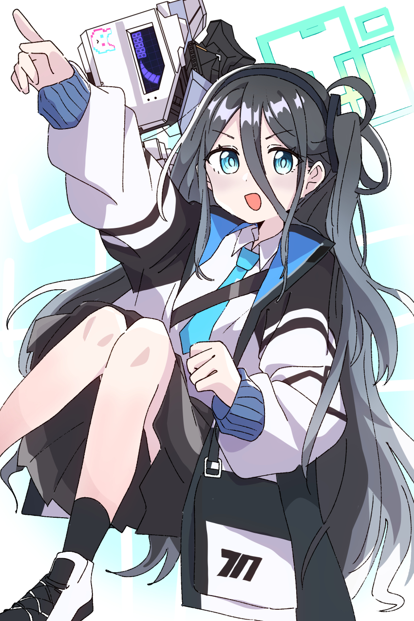 1girl :d absurdres aqua_eyes aqua_halo aris_(blue_archive) arm_up black_hairband black_skirt black_socks blue_archive blue_necktie clenched_hand collared_shirt commentary dot_nose fill_(fill_lemonn) foot_out_of_frame hair_between_eyes hairband halo highres jacket knees_together_feet_apart knees_up long_hair long_hair_between_eyes long_sleeves looking_at_viewer millennium_science_school_logo multicolored_jacket necktie one_side_up open_clothes open_jacket open_mouth outstretched_arm parted_bangs pleated_skirt pointing pointing_up puffy_long_sleeves puffy_sleeves railgun rectangular_halo school_uniform shirt shoes sidelocks skirt smile socks solo two-sided_fabric two-sided_jacket v-shaped_eyebrows very_long_hair weapon weapon_on_back white_jacket white_shirt white_shoes