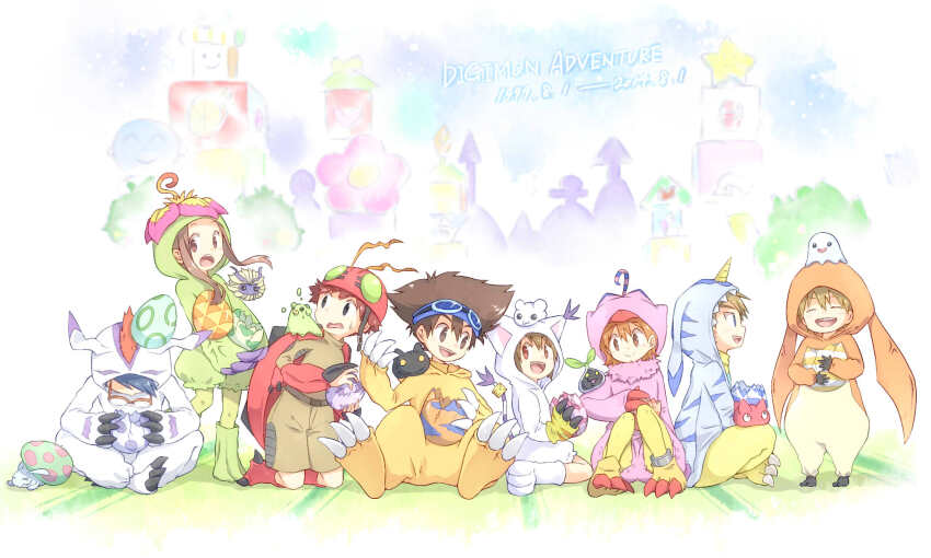 3girls 5boys agumon_(cosplay) bird botamon bubbmon bug cat cosplay costume digimon digimon_(creature) digimon_adventure digitama egg gabumon_(cosplay) glasses gomamon_(cosplay) highres ishida_yamato izumi_koshiro kido_jo multiple_boys multiple_girls nyokimon palmon_(cosplay) patamon_(cosplay) pitchmon piyomon_(cosplay) poyomon punimon reptile tachikawa_mimi tailmon_(cosplay) takaishi_takeru takenouchi_sora tentomon_(cosplay) wings yagami_hikari yagami_taichi yukimibotamon yuramon
