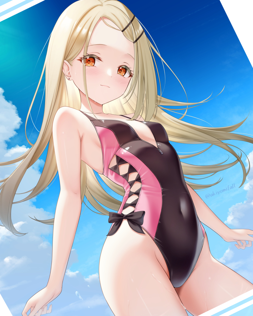 1girl akiei bare_shoulders blonde_hair blue_sky blush breasts competition_swimsuit covered_navel cowboy_shot gakuen_idolmaster highleg highleg_one-piece_swimsuit highres idolmaster long_hair looking_at_viewer multicolored_swimsuit one-piece_swimsuit outdoors red_eyes shinosawa_hiro side-tie_swimsuit sky small_breasts smile solo swimsuit wading