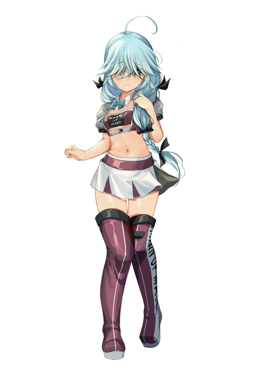 1girl absurdres ahoge aqua_bow aqua_bowtie bandeau bow bowtie braid brown_eyes clothes_writing cowboy_shot cropped_jacket detached_collar full_body grey_hair hair_over_eyes hair_ribbon hamanami_(kancolle) highres jacket kantai_collection knees_together_feet_apart long_hair looking_at_viewer medium_hair midriff multiple_views navel pleated_skirt purple_bandeau purple_thighhighs race_queen ribbon single_braid skirt standing thighhighs v white_background white_jacket white_ribbon white_skirt yashin_(yasinz)