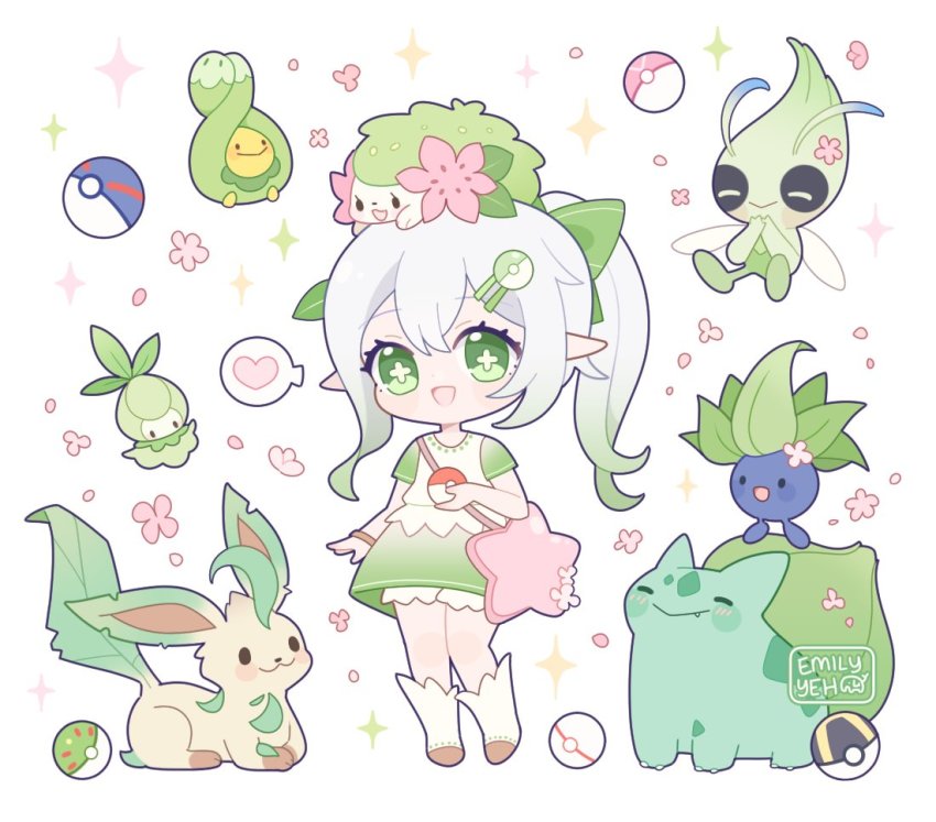 1girl 6+others bag bright_pupils budew bulbasaur celebi chibi crossover gen_1_pokemon gen_2_pokemon gen_4_pokemon gen_5_pokemon genshin_impact great_ball green_eyes green_hair hair_ornament hey_emilyyeh leaf_hair_ornament leafeon legendary_pokemon multicolored_hair multiple_others mythical_pokemon nahida_(genshin_impact) nintendo oddish open_mouth petilil poke_ball poke_ball_hair_ornament pokemon ponytail shaymin shoulder_bag smile speech_bubble symbol-shaped_pupils ultra_ball watermark white_hair