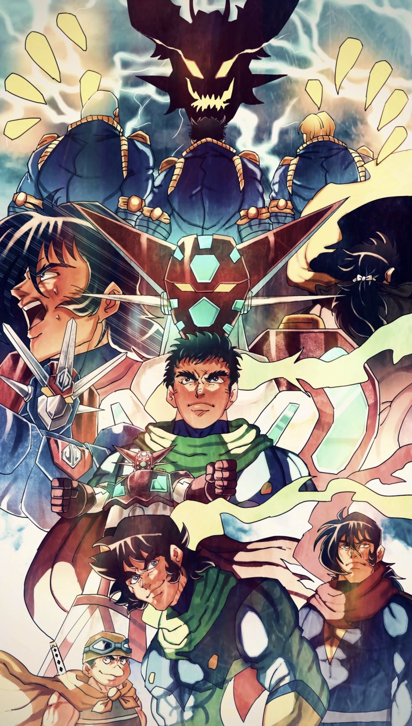 6+boys bald black_hair blonde_hair brown_eyes clenched_hands getter-1 getter_arc getter_go getter_robo getter_robo_(classic) getter_robo_go glowing glowing_eyes green_scarf hair_between_eyes helmet highres holding holding_helmet ichimonji_gou jin_hayato male_focus mecha multiple_boys musashi_tomoe nagare_ryoma nagare_takuma open_mouth pilot_suit red_scarf robot scarf science_fiction shin_getter-1 shin_getter_robo shou_kamui slllle1 smile super_robot sweatdrop yamagishi_baku yellow_eyes yellow_scarf