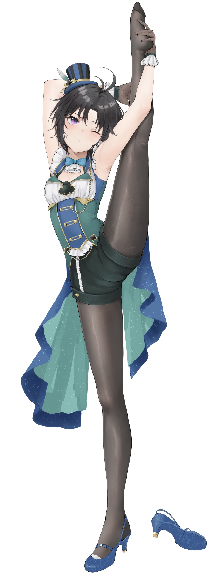 1girl absurdres aburi-gatana antenna_hair arms_up black_hair black_pantyhose blue_shoes blush breasts clever_clover_(idolmaster) closed_mouth commentary_request full_body gloves hand_on_own_foot hat high_heels highres idolmaster idolmaster_(classic) idolmaster_million_live! idolmaster_million_live!_theater_days incredibly_absurdres kikuchi_makoto mini_hat one_eye_closed pantyhose polka_dot_gloves purple_eyes see-through_clothes see-through_gloves shirt shoes short_hair shorts simple_background sleeveless sleeveless_shirt small_breasts solo split standing standing_on_one_leg standing_split strappy_heels striped_hat sweatdrop top_hat unworn_shoe white_background