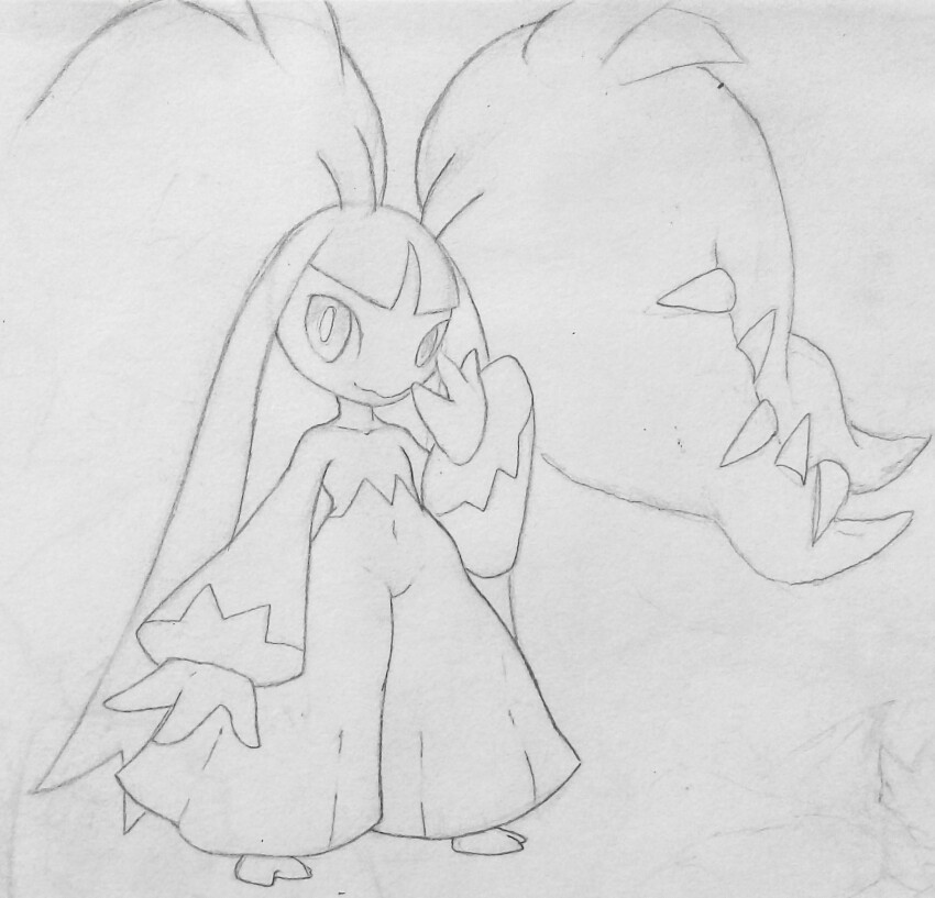 1girl arm_at_side big_hair closed_mouth collarbone extra_mouth female_focus flat_chest full_body gen_3_pokemon greyscale groin hand_up lineart long_hair looking_at_viewer mawaifu mawile mega_mawile mega_pokemon monochrome navel nintendo pokemon pokemon_(creature) sharp_teeth sidelocks simple_background sketch solo standing stomach teeth thick_thighs thighs traditional_media very_long_hair white_background