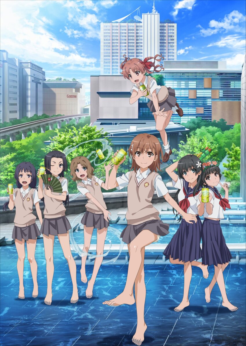 6+girls awatsuki_maaya barefoot can feet full_body highres kongou_mitsuko misaka_mikoto multiple_girls outdoors partially_submerged saten_ruiko school_uniform shirai_kuroko skirt standing toaru_kagaku_no_railgun toaru_majutsu_no_index uiharu_kazari wading wannai_kinuho water
