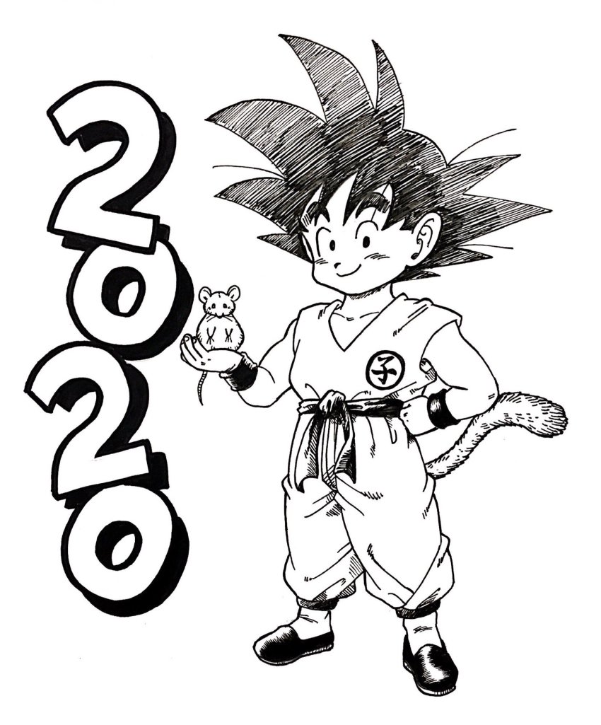 1boy 2020 animal animal_on_hand black_eyes black_footwear black_hair chinese_zodiac clenched_hand closed_mouth clothes_writing collarbone commentary_request dated dougi dragon_ball dragon_ball_(classic) fingernails full_body hand_on_own_hip happy highres holding holding_animal lee_(dragon_garou) looking_at_viewer male_focus monochrome mouse_(animal) mouse_on_hand new_year outstretched_hand simple_background smile solo son_goku spiked_hair standing white_background wristband